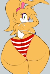 Size: 981x1448 | Tagged: suggestive, artist:snesti09, bunnie rabbot, rabbit, 2025, 4th of july, american flag, bikini, country flag, female, looking at viewer, ponytail, pose, simple background, solo, swimsuit