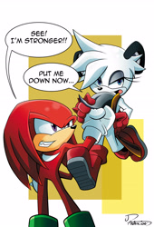 Size: 3157x4641 | Tagged: safe, artist:tale-dude, barby koala, knuckles the echidna, echidna, koala, dialogue, duo, english text, female, holding them, male, speech bubble