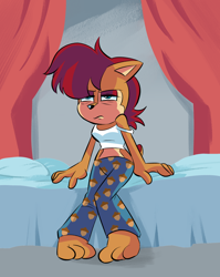 Size: 1280x1605 | Tagged: safe, artist:chauvels, sally acorn, chipmunk, 2022, alternate outfit, bed, bedroom eyes, blanket, clothes, female, morning, pillow, sitting, solo, waking up