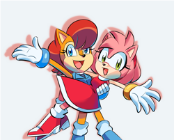 Size: 1280x1027 | Tagged: safe, artist:chauvels, amy rose, sally acorn, chipmunk, hedgehog, 2022, duo, female, looking at viewer, pose, sally's ringblader outfit, shadow (lighting), simple background, white background