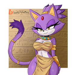 Size: 1378x1378 | Tagged: suggestive, artist:nuttssy, blaze the cat, cat, 2026, cosplay, egyptian, female, jewelry, looking at viewer, solo