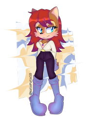 Size: 816x1100 | Tagged: safe, artist:natomatsu, sally acorn, chipmunk, 2023, abstract background, alternate outfit, clothes, female, looking at viewer, necklace, pants, pose, shirt, solo, standing