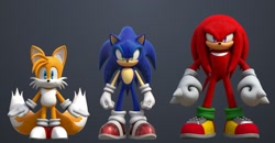 Size: 2048x1064 | Tagged: safe, artist:gameguybenn, artist:plagueren, artist:tbsf-yt, knuckles the echidna, miles "tails" prower, sonic the hedgehog, 2026, 3d, front view, gradient background, looking at viewer, standing, team sonic, trio