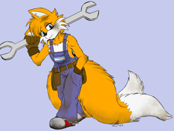 Size: 2000x1500 | Tagged: safe, artist:roguemorpho, miles "tails" prower, 2026, aged up, alternate universe, belt, brown gloves, clothes, frown, grey background, hand in pocket, holding something, overalls, signature, simple background, solo, stain, trans female, trans girl tails, transgender, wrench