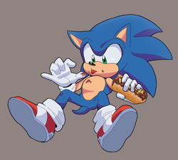 Size: 1278x1152 | Tagged: safe, artist:sonicfan2026, sonic the hedgehog, 2024, chili dog, food, grey background, holding something, looking at something, sauce, simple background, sitting, solo, tongue out, treads