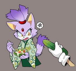 Size: 962x898 | Tagged: safe, artist:sonicfan2026, blaze the cat, sonic the hedgehog, 2024, alternate outfit, blushing, bowl, clothes, cross popping vein, cucumber, duo, fangs, food, fork, grey background, holding something, kimono, looking at something, mouth open, salad, sharp teeth, simple background, solo focus, speech bubble, standing, tail fluff, vegetable