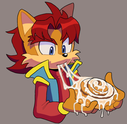 Size: 1080x1060 | Tagged: safe, artist:sonicfan2026, elias acorn, 2024, bun, cinnamon bun, eating, food, grey background, holding something, icing, looking at something, simple background, solo