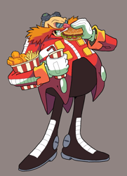 Size: 879x1212 | Tagged: safe, artist:sonicfan2026, robotnik, human, 2024, burger, chicken wing, eating, food, fries, grey background, holding something, looking offscreen, milkshake, simple background, smile, solo, standing