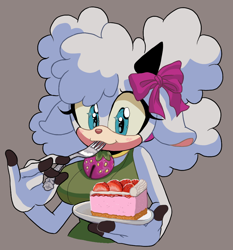 Size: 968x1040 | Tagged: safe, artist:sonicfan2026, lanolin the sheep, 2024, :3, cake, cute, eating, food, fork, fruit, grey background, lanolinabetes, looking at viewer, plate, simple background, smile, solo, sparkling eyes, strawberry