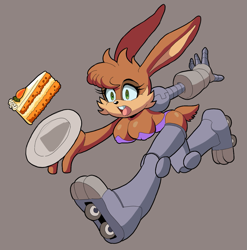 Size: 1065x1077 | Tagged: safe, artist:sonicfan2026, bunnie rabbot, 2024, busty bunnie, cake, carrot, carrot cake, cleavage, food, grey background, looking offscreen, mouth open, plate, running, simple background, solo, vegetable