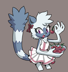 Size: 690x729 | Tagged: safe, artist:sonicfan2026, tangle the lemur, 2024, alternate outfit, bow, bowl, cherry, chest fluff, clothes, dress, food, fruit, holding something, looking at viewer, mouth open, ribbon, solo, standing