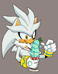 Size: 831x1056 | Tagged: safe, artist:sonicfan2026, silver the hedgehog, 2024, chocolate, food, fruit, grey background, holding something, ice cream, leaf, licking, licking lips, looking at something, male, simple background, solo, spoon, strawberry, tongue out