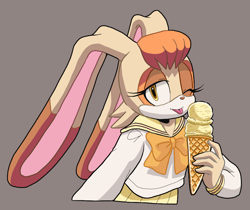 Size: 930x783 | Tagged: safe, artist:sonicfan2026, vanilla the rabbit, 2024, alternate outfit, clothes, female, food, grey background, holding something, ice cream, ice cream cone, lidded eyes, looking at viewer, schoolgirl outfit, simple background, smile, solo, tongue out, wink