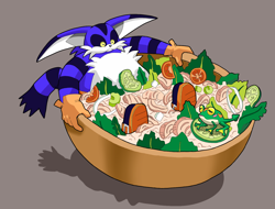 Size: 1476x1124 | Tagged: safe, artist:sonicfan2026, big the cat, froggy, 2024, bowl, cucumber, duo, food, fruit, grey background, holding something, lettuce, looking at them, salad, simple background, sitting, tomato, tuna, tuna salad, vegetable