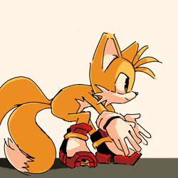 Size: 612x612 | Tagged: safe, artist:genesishero, miles "tails" prower, 2026, bending over, looking offscreen, shadow's hover skates, shoe swap, simple background, smile, solo, white background