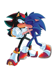 Size: 1280x1741 | Tagged: safe, artist:sonar15, shadow the hedgehog, sonic the hedgehog, 2025, blushing, deviantart watermark, duo, eyes closed, gay, holding hands, kiss, leaning forward, obtrusive watermark, shadow x sonic, shipping, shrunken pupils, simple background, standing, surprise kiss, surprised, sweatdrop, transparent background, watermark