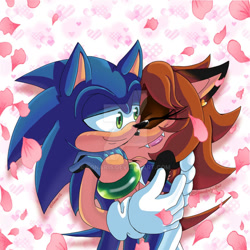 Size: 1024x1024 | Tagged: safe, artist:sonar15, sonic the hedgehog, oc, oc:dr. sonar, bat, hedgehog, hybrid, 2025, bathog, canon x oc, deviantart watermark, duo, eyes closed, fangs, hugging, lidded eyes, looking at them, obtrusive watermark, petals, shipping, smile, standing, straight, watermark