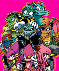 Size: 876x1057 | Tagged: safe, artist:waniramirez, bunker the tortoise, dulcy the dragon, espio the chameleon, vector the crocodile, crocodile, 2016, bride of constant vigil, chameleon, chomps the dinosaur, cobra, dinosaur, dragon, female, frown, group, liza the chameleon, looking at them, looking at viewer, male, mordred hood, outline, rudy, smile, tortoise, yellow sclera