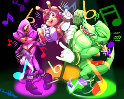 Size: 1024x820 | Tagged: safe, artist:dreamfulblue, charmy bee, espio the chameleon, vector the crocodile, bee, crocodile, sonic heroes, 2019, chameleon, drum, flying, holding something, male, microphone, mid-air, musical instrument, musical notes, shamisen, signature, singing, spotlight, standing, team blast, team chaotix, trio, wink
