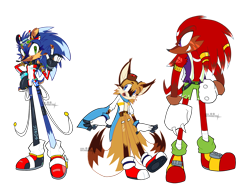 Size: 2048x1536 | Tagged: safe, artist:sonicsimpertehe, knuckles the echidna, miles "tails" prower, sonic the hedgehog, 2026, alternate outfit, beanbrows, bodysuit, clothes, eyelashes, eyewear on head, flat colors, fur markings, goggles, jacket, redesign, scarf, shorts, signature, simple background, standing, transparent background, treads, trio, vitiligo
