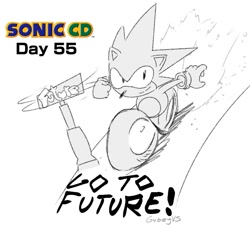 Size: 923x829 | Tagged: safe, artist:gubeyvs, sonic the hedgehog, sonic cd, 2026, classic sonic, dust clouds, english text, flat colors, looking at viewer, monochrome, running, sign, simple background, smile, solo, super peel-out, text, time warp plate, white background