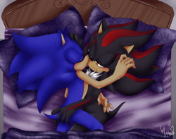 Size: 1024x808 | Tagged: safe, artist:mino-the-cat, shadow the hedgehog, sonic the hedgehog, 2015, bed, blushing, cuddling, cute, duo, eyelashes, gay, hugging, licking, licking face, lying down, mouth open, pillow, shadow x sonic, shipping, signature, smile, tongue out