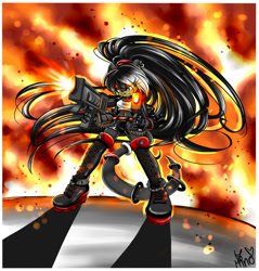 Size: 1024x1073 | Tagged: safe, artist:mino-the-cat, oc, oc:zero the cat, cat, 2013, belly button, belt, boots, clothes, crop top, explosion, eye clipping through hair, female, fighting, fire, gun, gunfire, holding something, lidded eyes, long hair, looking offscreen, midriff, oc only, ponytail, shirt, shooting, shorts, signature, solo, submachine gun, weapon