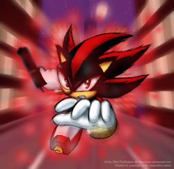 Size: 602x584 | Tagged: safe, artist:theeclipse, shadow the hedgehog, 2005, abstract background, flying, glowing, gun, holding something, looking at viewer, mid-air, outdoors, reaching out, reaching towards the viewer, redraw, shadow the hedgehog (video game), solo, westopolis