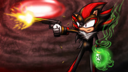 Size: 1280x720 | Tagged: safe, artist:nc-zimmer, shadow the hedgehog, 2021, frown, glowing, gun, holding something, looking offscreen, pistol, shadow the hedgehog (video game), solo, standing