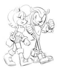 Size: 1280x1510 | Tagged: safe, artist:chauvels, mighty the armadillo, sally acorn, armadillo, chipmunk, 2024, duo, female, male, sally's ringblader outfit, sketch, talking, walking