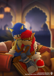 Size: 615x865 | Tagged: safe, artist:underworldcircle, sally acorn, sonic the hedgehog, chipmunk, hedgehog, 2024, blushing, building, duo, female, male, nighttime, sally x sonic, sally's vest and boots, shipping, sitting, straight