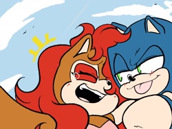 Size: 2048x1536 | Tagged: safe, artist:butterrrmoth, sally acorn, sonic the hedgehog, chipmunk, hedgehog, 2023, blushing, daytime, duo, female, male, sally x sonic, shipping, straight, tears, tears of happiness, tongue out