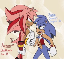 Size: 2048x1865 | Tagged: safe, artist:kadecreate, sonia acorn, oc, oc:aeron the hedgehog, hedgehog, 2025, abstract background, amy x shadow, argument, character name, english text, fankid, female, male, parent:amy, parent:sally, parent:shadow, parent:sonic, parents:shadamy, parents:sonally, pointing, sally x sonic, vest