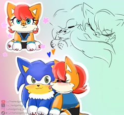 Size: 1542x1440 | Tagged: safe, artist:lu_hedgehog, sally acorn, sonic the hedgehog, cat, 2025, blushing, cute, duo, female, heart, licking, literal animal, looking at viewer, male, plushshop, sally x sonic, sally's ringblader outfit, shipping, simple background, sleeping, star, straight, tongue out