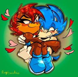 Size: 2048x2028 | Tagged: safe, artist:rougelynesdisco, sally acorn, sonic the hedgehog, chipmunk, hedgehog, 2024, duo, female, heart, hugging, looking at viewer, male, sally x sonic, sally's vest and boots, shipping, straight