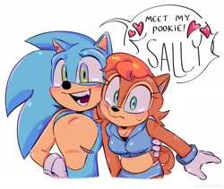 Size: 2048x1732 | Tagged: safe, artist:sonkkdonk, sally acorn, sonic the hedgehog, chipmunk, hedgehog, 2024, blushing, dialogue, duo, english text, female, heart, looking at viewer, male, sally x sonic, sally's ringblader outfit, shipping, simple background, speech bubble, straight, white background