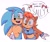Size: 2048x1732 | Tagged: safe, artist:sonkkdonk, sally acorn, sonic the hedgehog, chipmunk, hedgehog, 2024, blushing, dialogue, duo, english text, female, heart, looking at viewer, male, sally x sonic, sally's ringblader outfit, shipping, simple background, speech bubble, straight, top surgery scars, trans male, transgender, white background