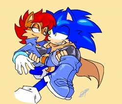 Size: 1982x1678 | Tagged: safe, artist:sonictale32, sally acorn, sonic the hedgehog, chipmunk, hedgehog, 2025, alternate universe, carrying them, duo, female, looking at each other, male, running, sally x sonic, sally's ringblader outfit, shipping, simple background, straight, yellow background