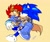 Size: 1982x1678 | Tagged: safe, artist:sonictale32, sally acorn, sonic the hedgehog, chipmunk, hedgehog, 2025, alternate universe, archie sonic the hedgehog, carrying them, duo, female, looking at each other, male, running, sally x sonic, sally's ringblader outfit, shipping, simple background, straight, yellow background