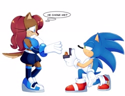 Size: 2048x1573 | Tagged: safe, artist:tvict101, sally acorn, sonic the hedgehog, chipmunk, hedgehog, 2021, dialogue, duo, english text, female, kneeling, long hair, male, proposal, sally x sonic, sally's ringblader outfit, shipping, simple background, speech bubble, straight, tears, tears of happiness, wedding ring, white background