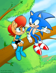 Size: 782x1012 | Tagged: safe, artist:twincubcakes, sally acorn, sonic the hedgehog, chipmunk, hedgehog, green hill zone, 2018, daytime, duo, female, forest, male, sally x sonic, sally's ringblader outfit, shipping, sitting, straight, talking, tree