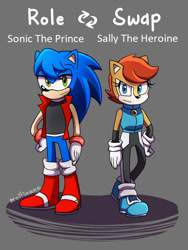 Size: 600x800 | Tagged: safe, artist:meilienne, sally acorn, sonic the hedgehog, chipmunk, hedgehog, 2018, alternate universe, character name, duo, english text, female, male, pose, role swap, standing