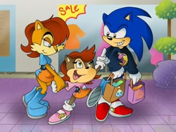 Size: 1280x957 | Tagged: safe, artist:overstuffedoperative, sally acorn, sonia acorn, sonic the hedgehog, chipmunk, hedgehog, 2020, child, clothes, english text, family, female, happy, male, mall, sally x sonic, shipping, shopping bag, station square, straight, trio