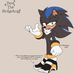 Size: 1080x1080 | Tagged: safe, artist:sonikkubabyblu2, oc, oc:zero the hedgehog (sonikkubabyblu2), hedgehog, 2024, character name, english text, fankid, grey background, heterochromia, looking at viewer, magical gay spawn, oc only, parent:shadow, parent:sonic, parents:sonadow, simple background, smile, solo, standing, text