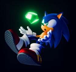 Size: 1305x1230 | Tagged: safe, artist:_callmedante, sonic the hedgehog, hedgehog, 2026, 3d, black background, chaos emerald, mouth open, simple background, solo