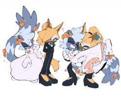 Size: 2020x1712 | Tagged: safe, artist:mariaartes51, tangle the lemur, whisper the wolf, lemur, wolf, 2026, alternate outfit, blushing, carrying them, dress, duo, female, flower, heart, lesbian, rose, shipping, simple background, smile, suit, tangle x whisper, wedding, wedding dress, wedding suit, white background