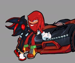 Size: 1529x1297 | Tagged: safe, artist:teary-blues, knuckles the echidna, shadow the hedgehog, 2025, car, duo, gay, grey background, knuxadow, lidded eyes, looking at each other, shipping, simple background, sitting, sonic racing crossworlds, vehicle