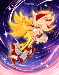 Size: 1000x1280 | Tagged: safe, artist:danaiyu, shadow the hedgehog, sonic the hedgehog, super shadow, super sonic, 2026, duo, eyes closed, flying, galaxy background, gay, holding hands, kiss, mid-air, shadow x sonic, shipping, signature, sparkles, super form