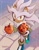 Size: 1000x1280 | Tagged: safe, artist:danaiyu, silver the hedgehog, 2026, apple, ear fluff, food, from above, fruit, holding something, looking at viewer, looking up, looking up at viewer, outdoors, path, signature, smile, smiling at viewer, solo, walking