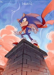 Size: 927x1280 | Tagged: safe, artist:danaiyu, sonic the hedgehog, 2026, clouds, daytime, ear fluff, looking offscreen, outdoors, scarf, signature, smile, solo, standing